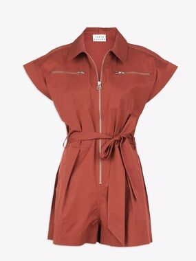 *no belt - Tanya Taylor Rust Zip-Front Short-Sleeve Utility Romper